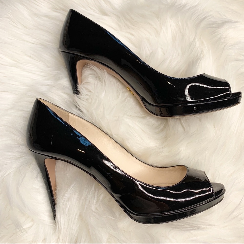 Prada Black Patent Leather Peep Toe Heels - Picture 2 of 8